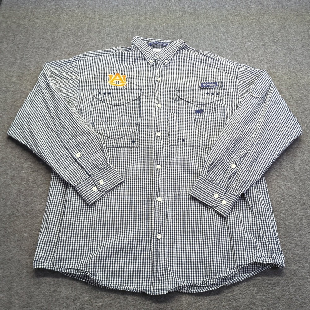 Auburn Tigers Shirt Mens Medium Blue Plaid Check Columbia PFG Super Bonehead